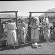 Cover image of Unidentified group of women and children in regalia at Banff Indian Grounds